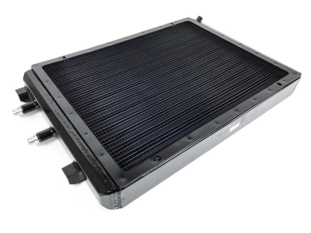 CSF 8075V black dual-pass front heat exchanger with rock guard for BMW M3, M4, and M2