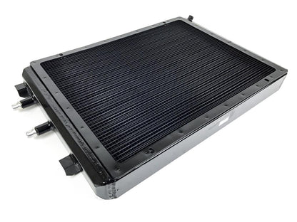 CSF 8075V black dual-pass front heat exchanger with rock guard for BMW M3, M4, and M2