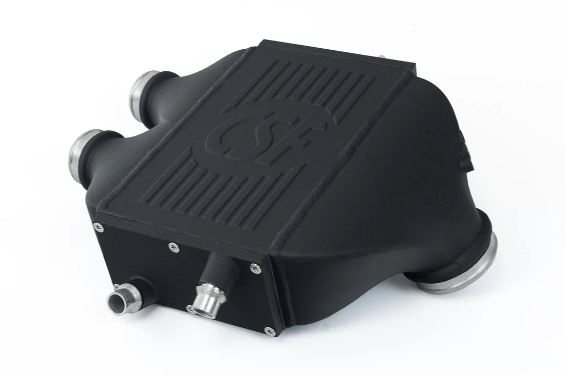 CSF 8082 crinkle black top-mount charge-air cooler for BMW S55 M3, M4, and M2 Competition