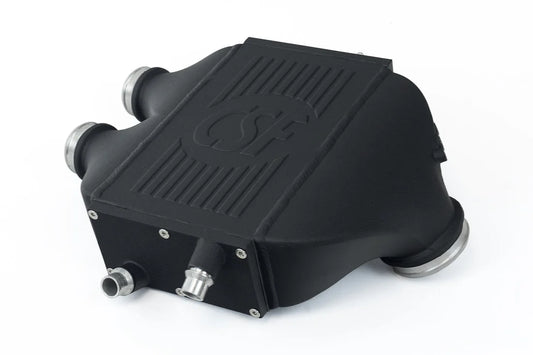 CSF 8082 crinkle black top-mount charge-air cooler for BMW S55 M3, M4, and M2 Competition