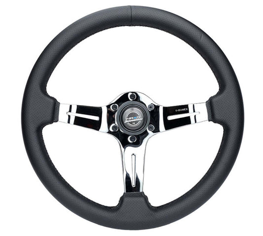 NRG Light Weight Gaming Steering Wheel - Splitz Chrome Silver Spokes Perforated Leather - ST-010CH-PR