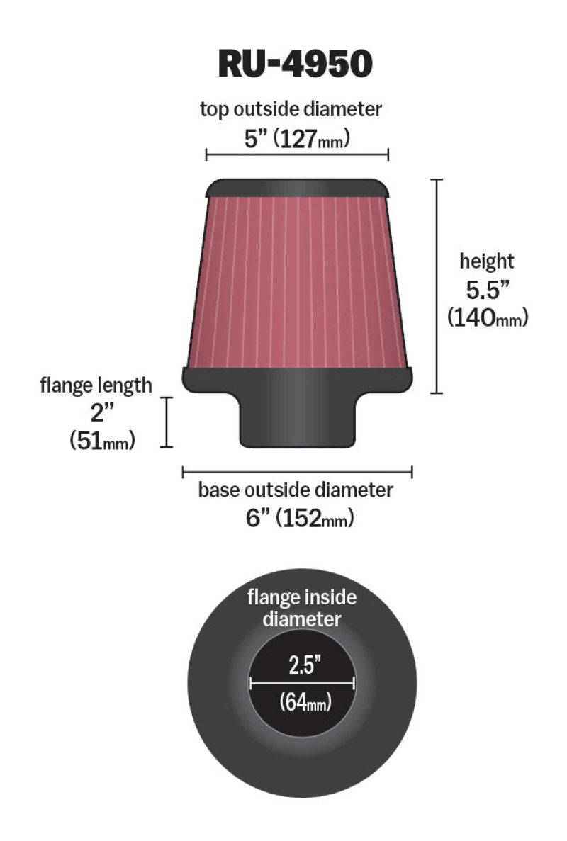 K&N Filter Universal Rubber Filter 2 1/2 inch Flange 6 inch Base 5 inch Top 5 1/2 inch Height K&N Engineering
