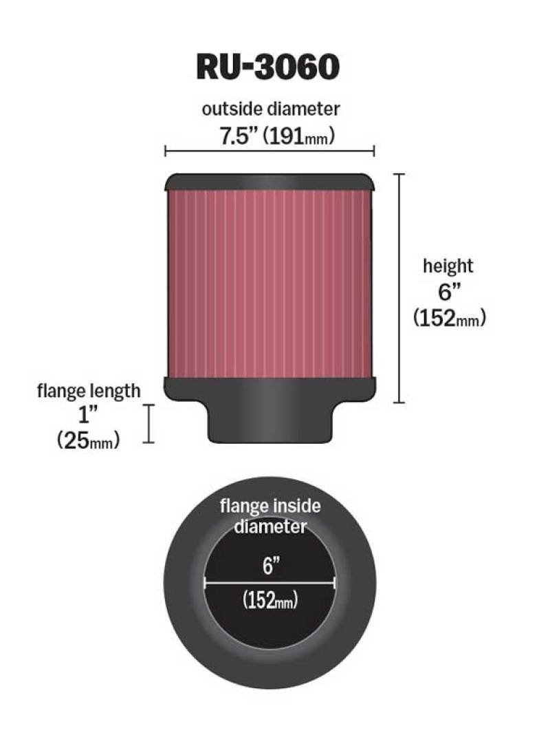 K&N Universal Rubber Filter 6in FLange ID / 7.5in OD / 6in Height / Round Straight K&N Engineering