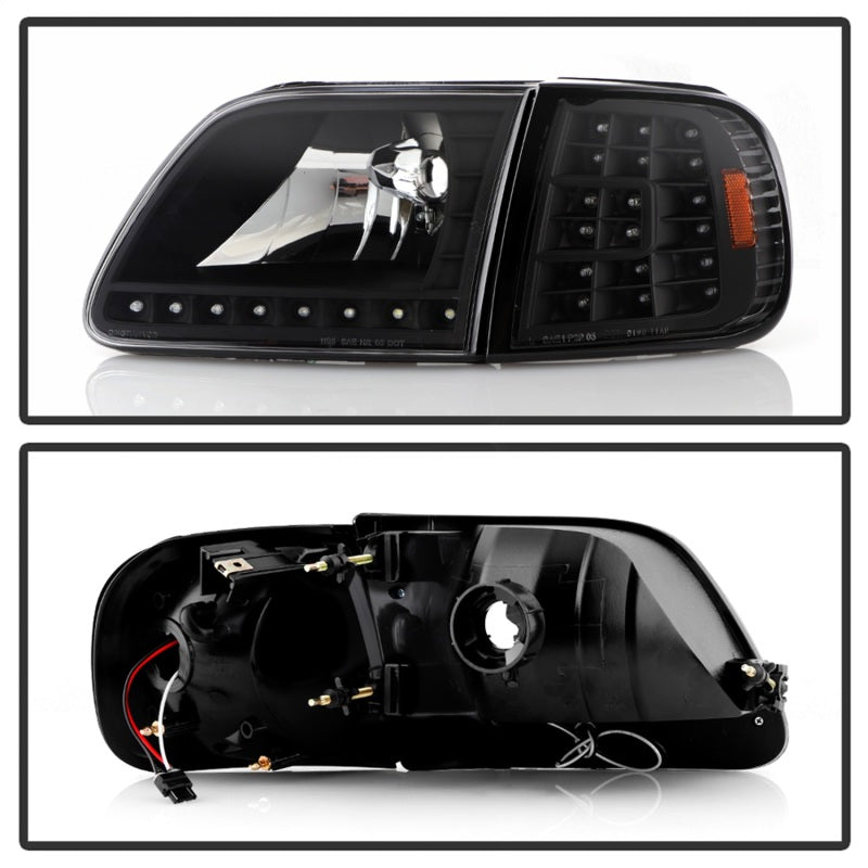 Xtune Ford F150 97-03 Crystal Headlights w/ Clear LED Corners Black HD-ON-FF15097-LED-SET-BK SPYDER