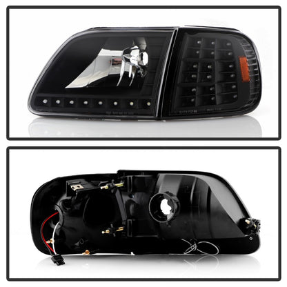 Xtune Ford F150 97-03 Crystal Headlights w/ Clear LED Corners Black HD-ON-FF15097-LED-SET-BK SPYDER