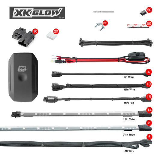 XKGlow 2x24" Tube + 14x12" Tube + 18xPods Million Color XKchrome Smartphone App Controlled Offroad UTV Kit - 34 Piece - Part XK-UTV-ADV