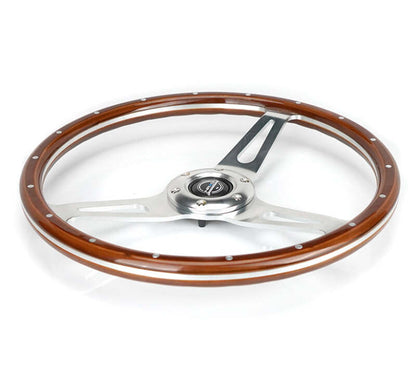 NRG Reinforced Steering Wheel (360mm) Dark Wood Grain w/Chrome 3-Spoke Center - RST-363SL
