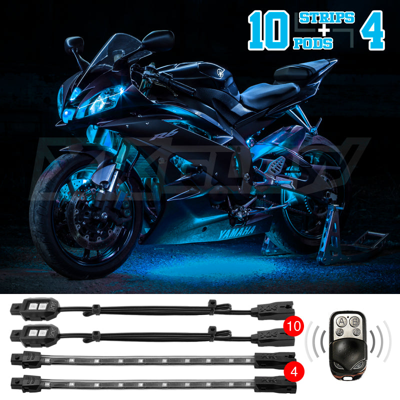 XK Glow Strips Single Color XKGLOW LED Accent Light Motorcycle Kit Light Blue - 10xPod + 4x8In
