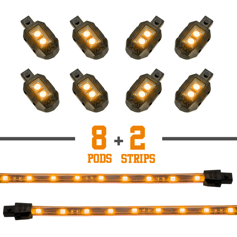 XK Glow Strips Single Color XKGLOW LED Accent Light Motorcycle Kit Amber - 8xPod + 2x8In