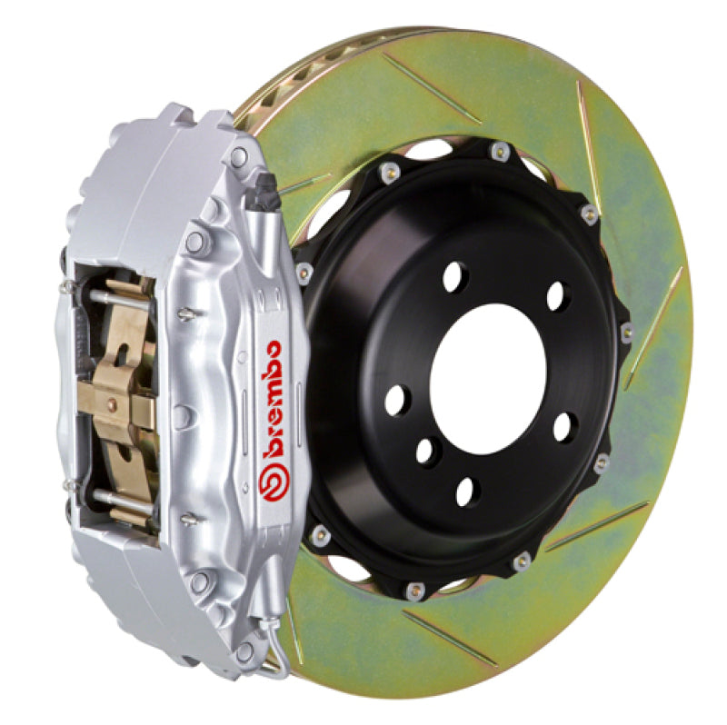 Brembo 95-98 240SX w/ 5-lug Hubs Fr GT BBK 4 Piston Cast 2pc 332x32 2pc Rotor Slotted Type1-Silver Brembo