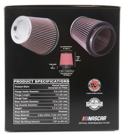 K&N Round Tapered Universal Air Filter 6 inch Flange 7 1/2 inch Base 5 inch Top 7 1/2 inch Height K&N Engineering