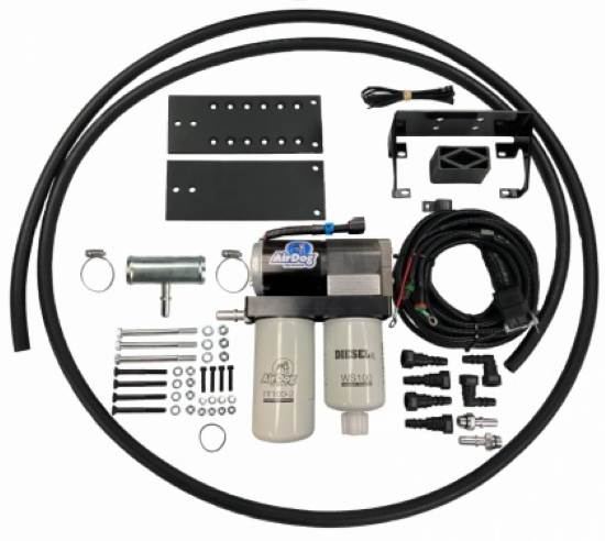AirDog diesel lift pump kit with fuel filter, water separator, hoses, wiring and mounting hardware.