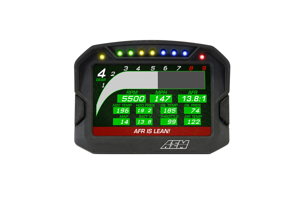 AEM CD-5L Carbon Logging Display with a 5-inch full-color screen and rugged carbon fiber composite housing (Part #30-5601).