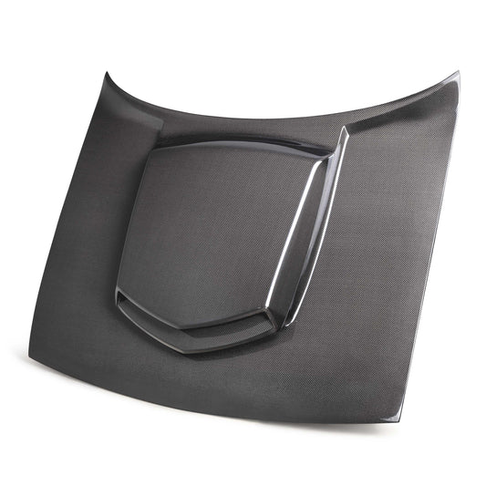 Anderson Composites Type-HM Carbon Fiber Hood for 2015-2023 Dodge Challenger featuring a high-gloss finish and functional HEMI-style scoop.