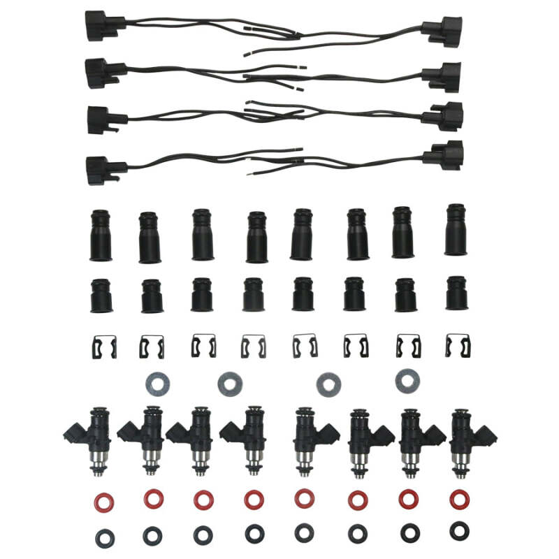 DeatschWerks LS 1500cc fuel injector kit with eight injectors, spacers, pigtails, and O-rings