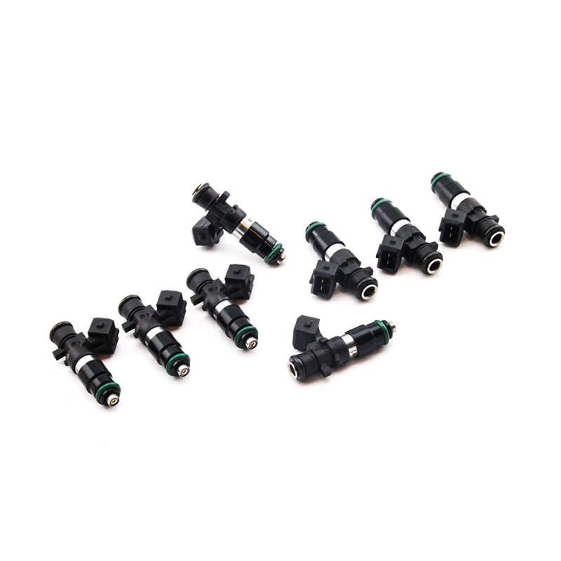 Set of black fuel injectors on a white background