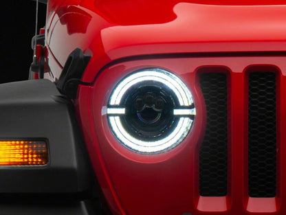 Raxiom 18-23 Jeep Wrangler JL Axial Series 9-In LED Angel Eye Headlights- Blk Housing (Clear Lens)