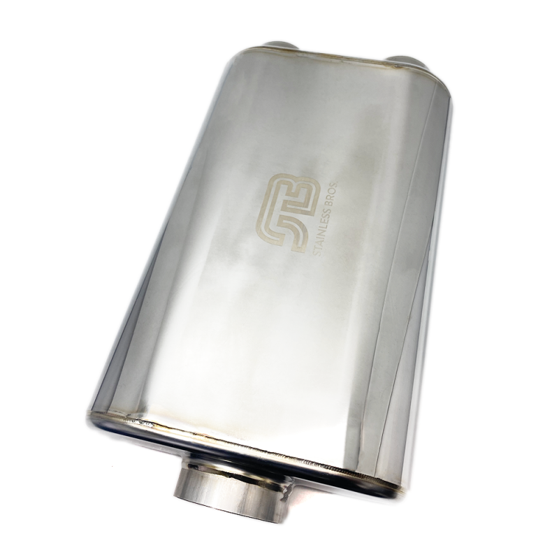 Stainless Bros 17in OAL 3in Thin Oval SS304 Polished Finish Muffler 3in Center In/2.5in Dual Out Stainless Bros