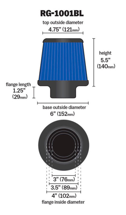 K&N Universal Air Filter Chrome Round Tapered Blue - 4in Flange ID x 1.125in Flange Length x 5.5in H K&N Engineering