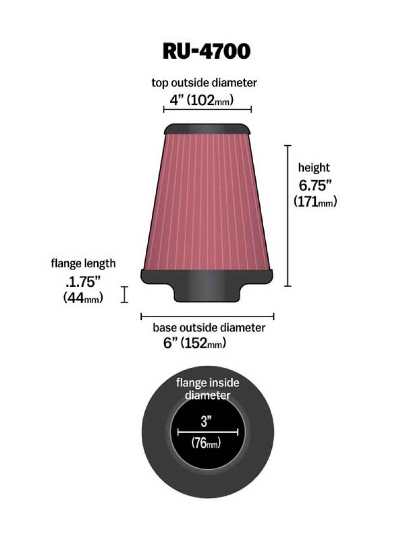 K&N Universal Tapered Filter 3in Flange ID x 6in Base OD x 4in Top OD x 6.75in Height K&N Engineering