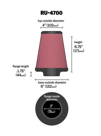 K&N Universal Tapered Filter 3in Flange ID x 6in Base OD x 4in Top OD x 6.75in Height K&N Engineering