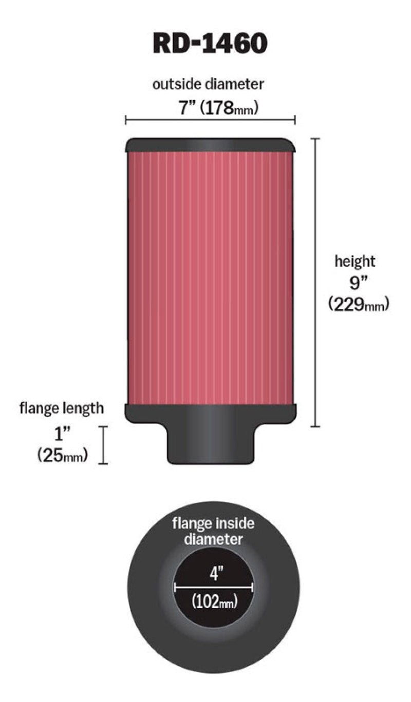 K&N Universal Air Filter 4in Flange ID 7in OD 9in Height K&N Engineering