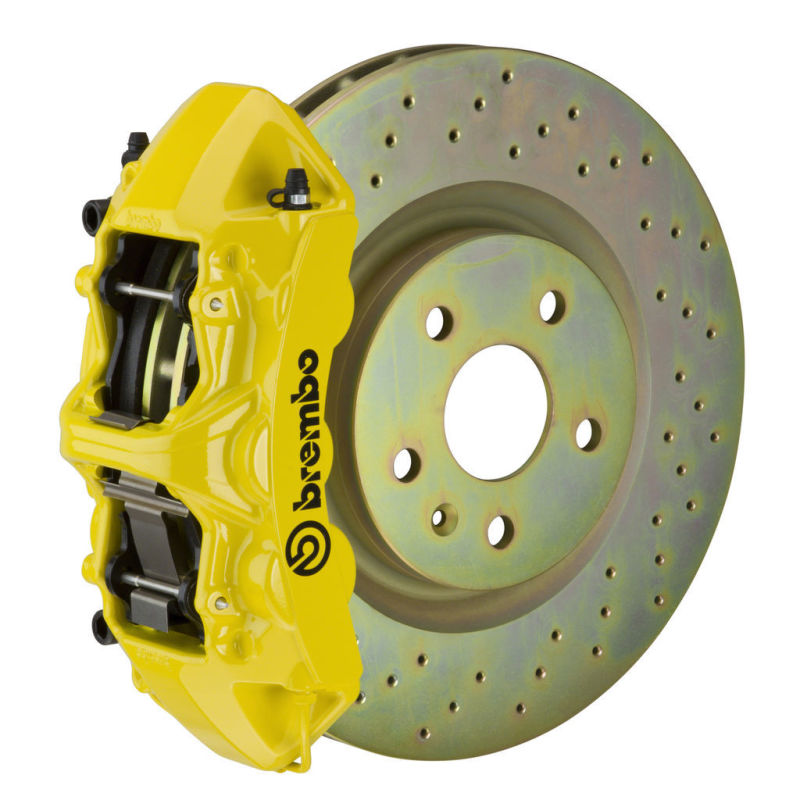 Brembo 05-14 Mustang GT Excl non-ABS Equipped Fr GT BBK 6Pist Cast 355x32 1pc Rtr Drill-Yellow Brembo