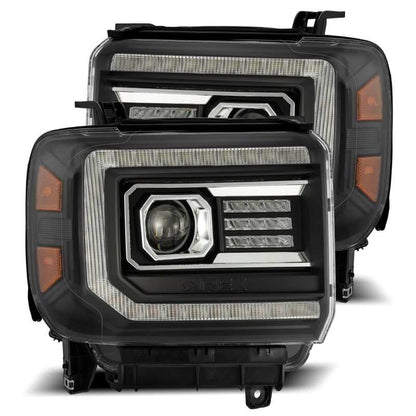 AlphaRex 14-18 GMC Sierra LUXX LED Proj Headlights Plank Style Black w/Activ Light/Seq Signal/DRL AlphaRex