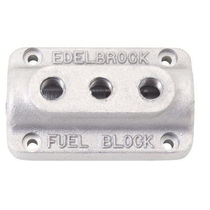 Edelbrock 1285 vintage satin aluminum triple outlet fuel block kit