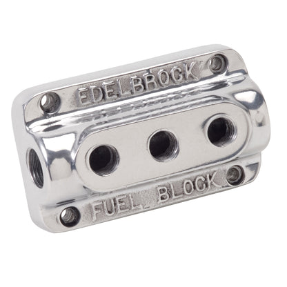 Edelbrock 12851 polished aluminum triple outlet fuel block kit