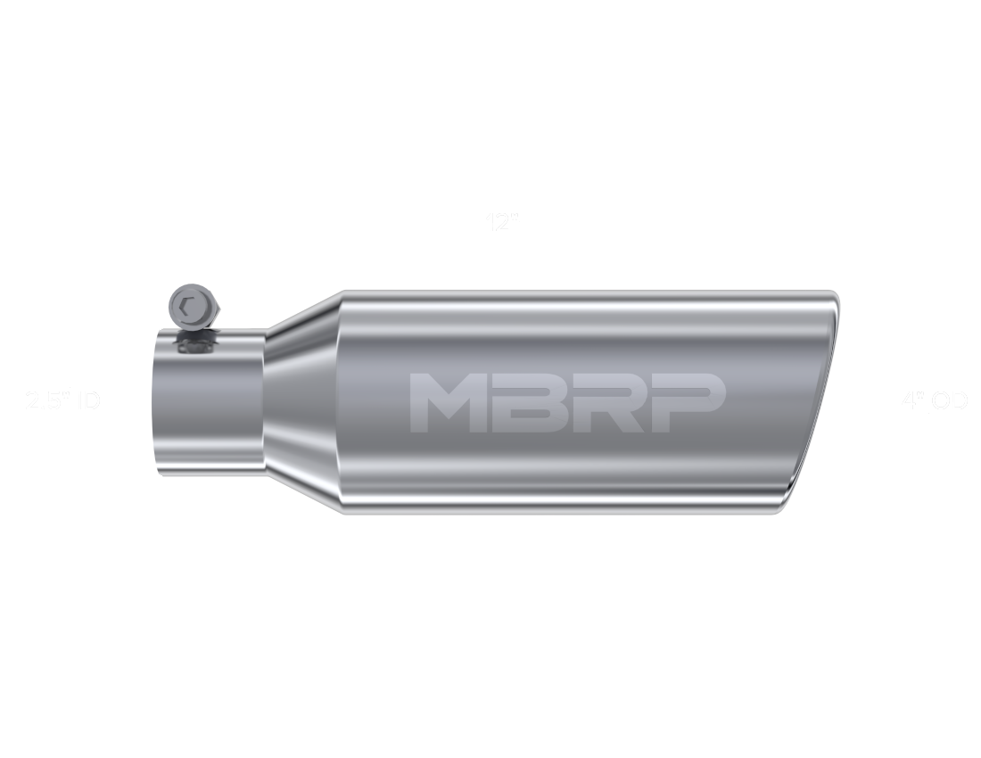 MBRP Universal Tip 4in OD 2.5in Inlet 12in Length Angled Cut Rolled End Clampless No-Weld T304 - T5150