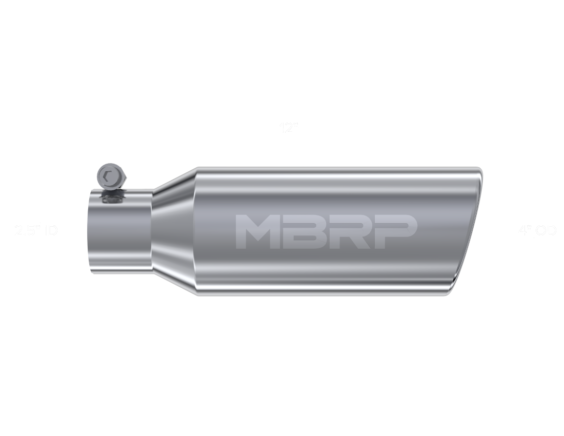 MBRP Universal Tip 4in OD 2.5in Inlet 12in Length Angled Cut Rolled End Clampless No-Weld T304 - T5150 MBRP