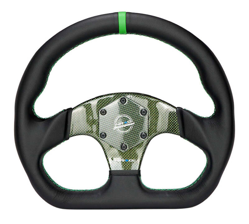 NRG Carbon Fiber Flat Bottom Steering Wheel (320mm) Green CF Center w/Green Stitch/Center Mark - RST-024CF/GN