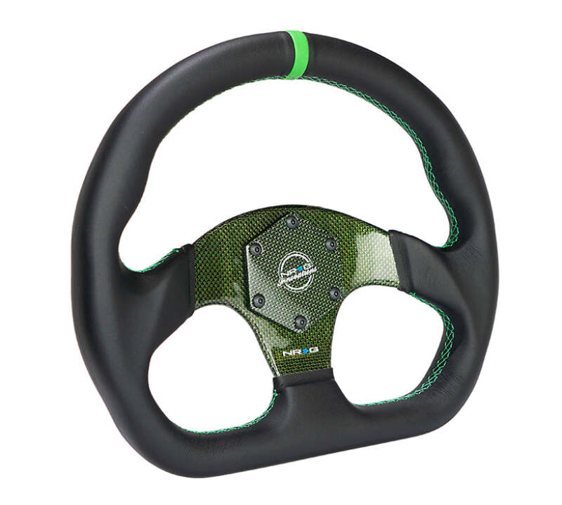 NRG Carbon Fiber Flat Bottom Steering Wheel (320mm) Green CF Center w/Green Stitch/Center Mark - RST-024CF/GN