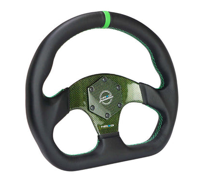 NRG Carbon Fiber Flat Bottom Steering Wheel (320mm) Green CF Center w/Green Stitch/Center Mark - RST-024CF/GN