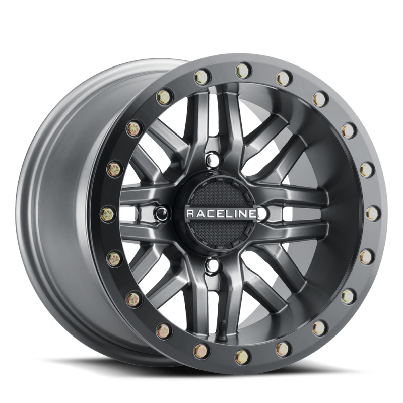 Raceline A91G Ryno 14x7in/4x137 BP/10mm Offset/110.18mm Bore - Gunmetal & Black Ring Beadlock Wheel