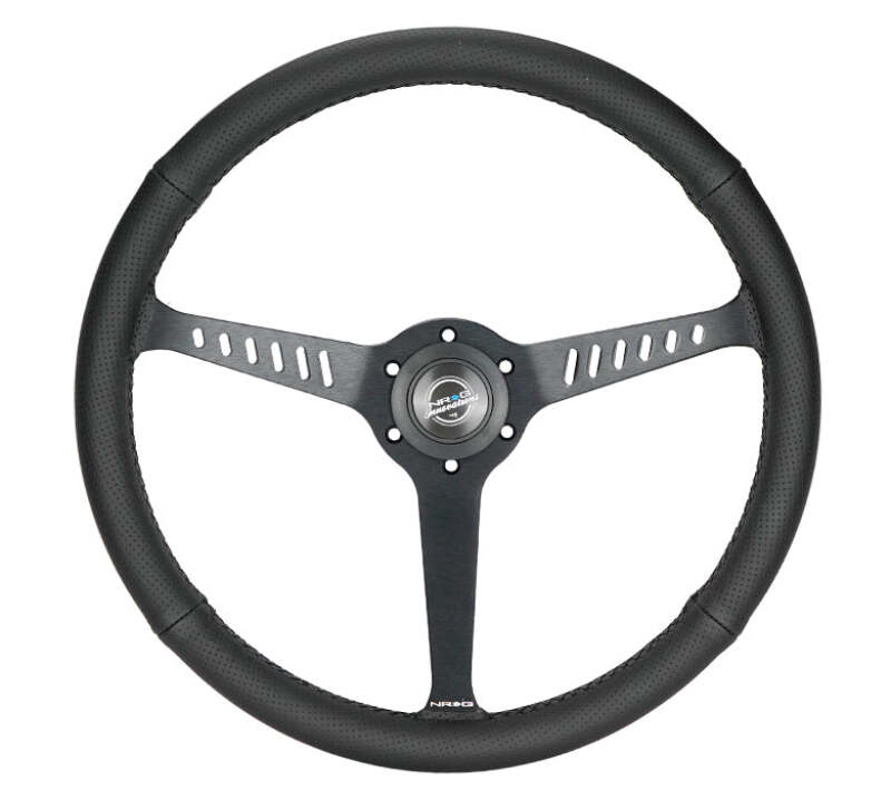 NRG Reinforced Stealth Wheel (380mm) 3 Spoke Center 1in Deep Dish - Perforated Leather Black Stitch - RST-380-STL-B