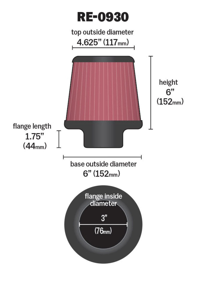 K&N Universal Rubber Filter - Round Tapered 6in Base OD x 3in Flange ID x 6in H K&N Engineering