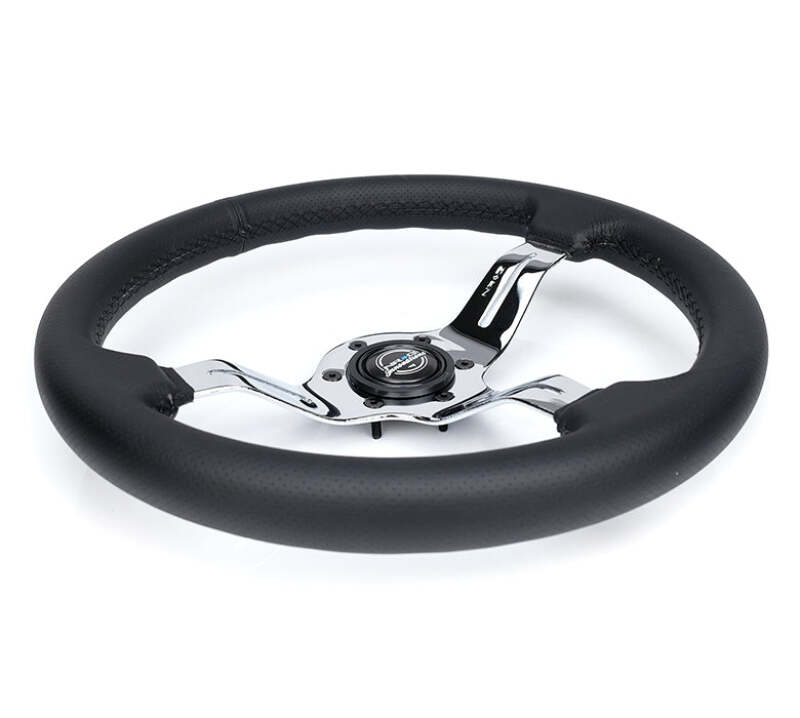 NRG Light Weight Gaming Steering Wheel - Splitz Chrome Silver Spokes Perforated Leather - ST-010CH-PR