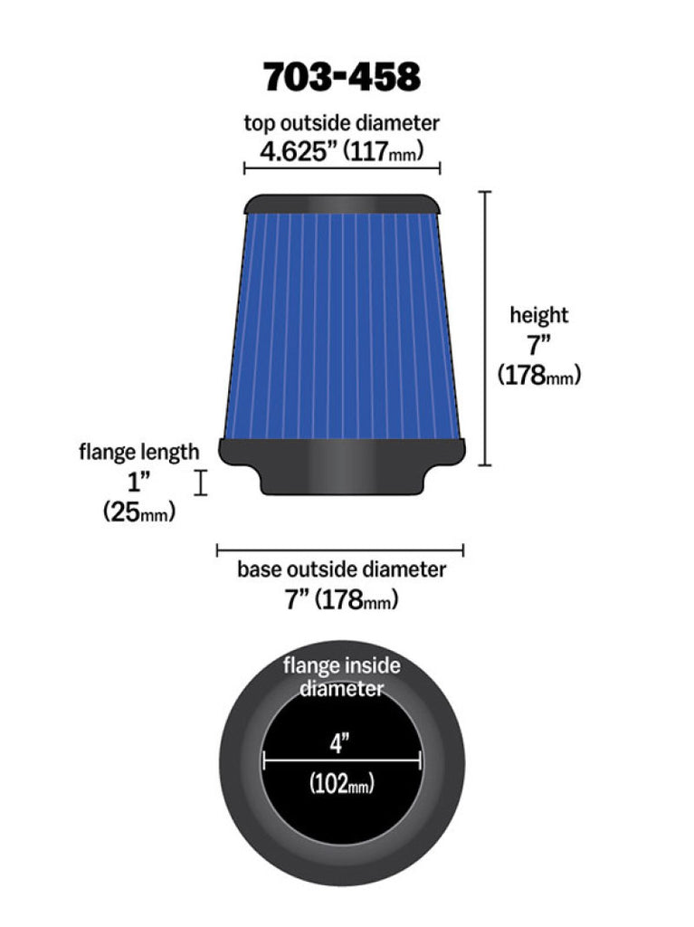 Airaid Universal Air Filter - Cone 4 x 7 x 4 5/8 x 7 w/ Short Flange - Blue SynthaMax