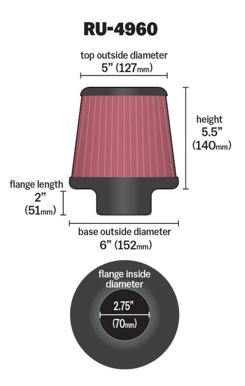 K&N Filter Universal Rubber Filter 2 3/4 inch Flange 6 inch Base 5 inch Top 5 1/2 inch Height K&N Engineering