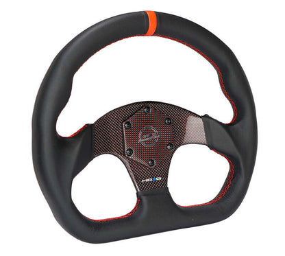NRG Carbon Fiber Flat Bottom Steering Wheel (320mm) Red CF Center w/Red Stitch/Center Mark - RST-024CF/RD