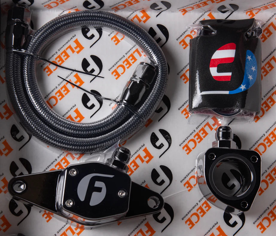 Fleece coolant bypass kit with stainless steel braided line for 1998.5-2002 Dodge Ram 2500 and 3500 5.9L VP Cummins trucks