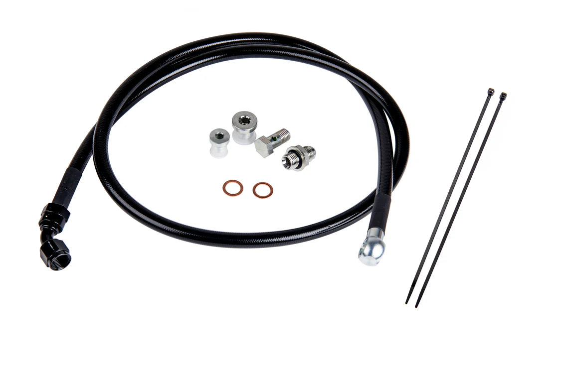 Fleece remote turbo oil feed line kit for 2001-2016 Chevy Silverado and GMC Sierra HD Duramax trucks