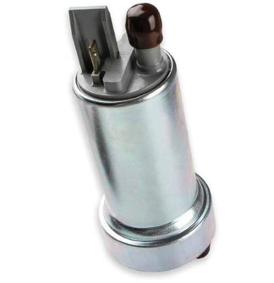 Electric in-tank fuel pump with a metal housing, outlet connection and electrical terminals.