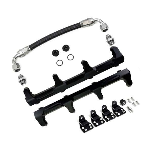 Dual fuel rail kit with crossover hose, threaded adapters, injector seals and mounting brackets.