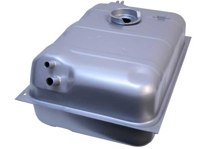 Stamped-metal replacement fuel tank with a sender opening and hose connections.