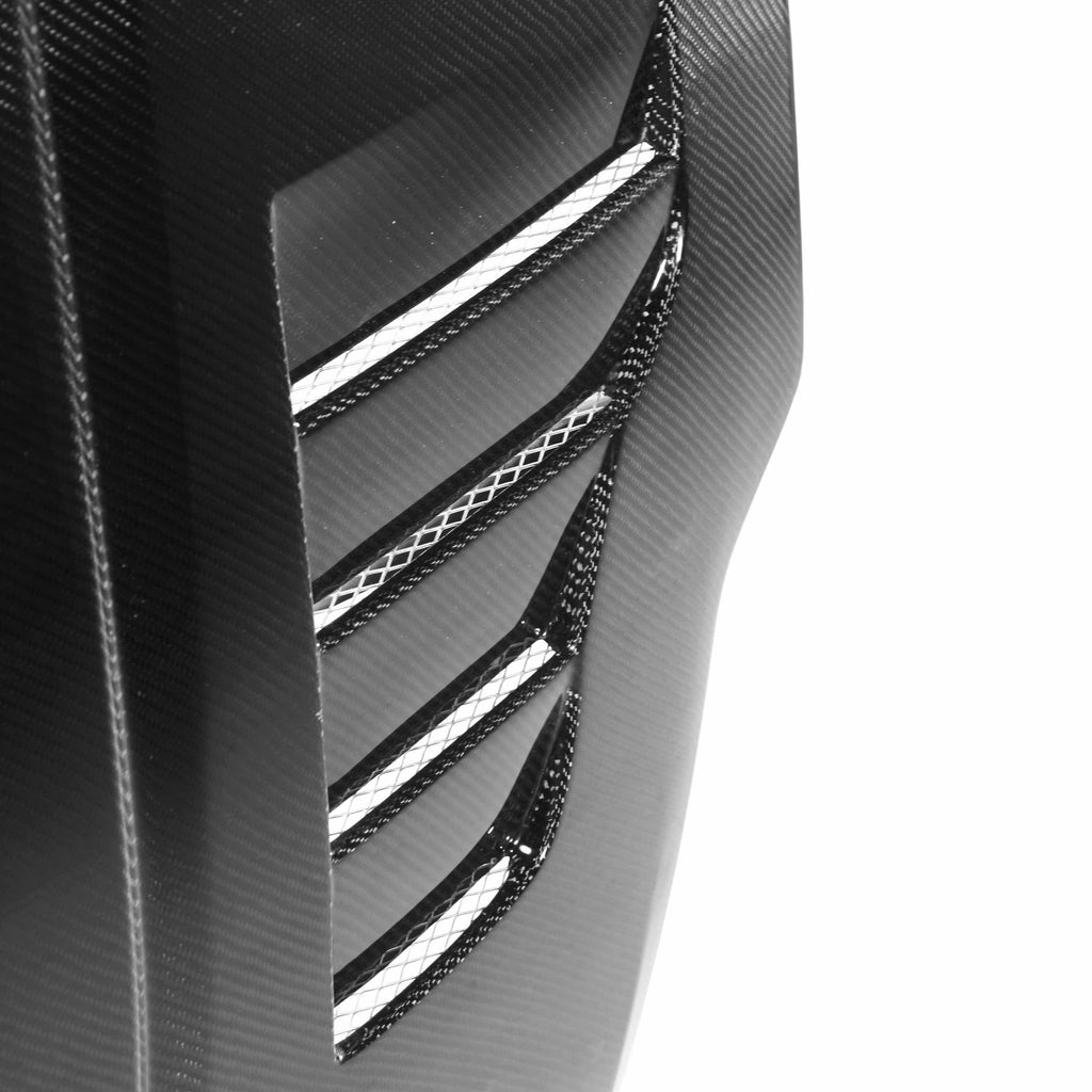 VT-Style Carbon Fiber Hood for 2007-2009 Nissan 350Z, compatible with 2003-2006 models, featuring aggressive vents and a glossy finish.