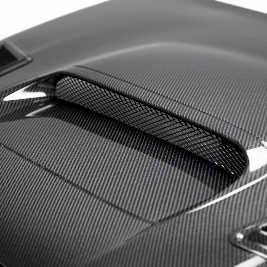 CS-Style Carbon Fiber Hood for 2015-2021 Subaru WRX/STi featuring sleek vents and a glossy finish.