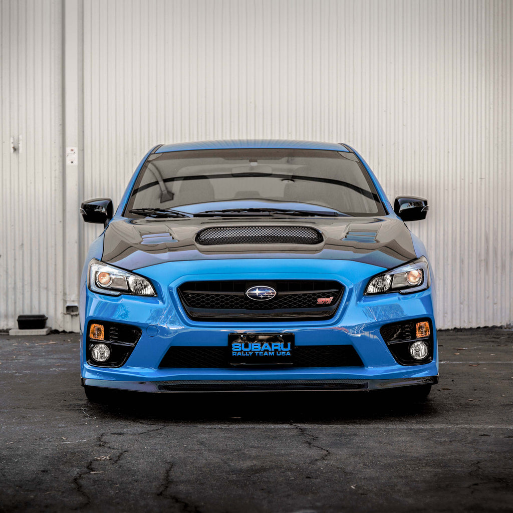 CW-Style Carbon Fiber Hood for 2015-2021 Subaru WRX/STi featuring aggressive design and glossy finish.